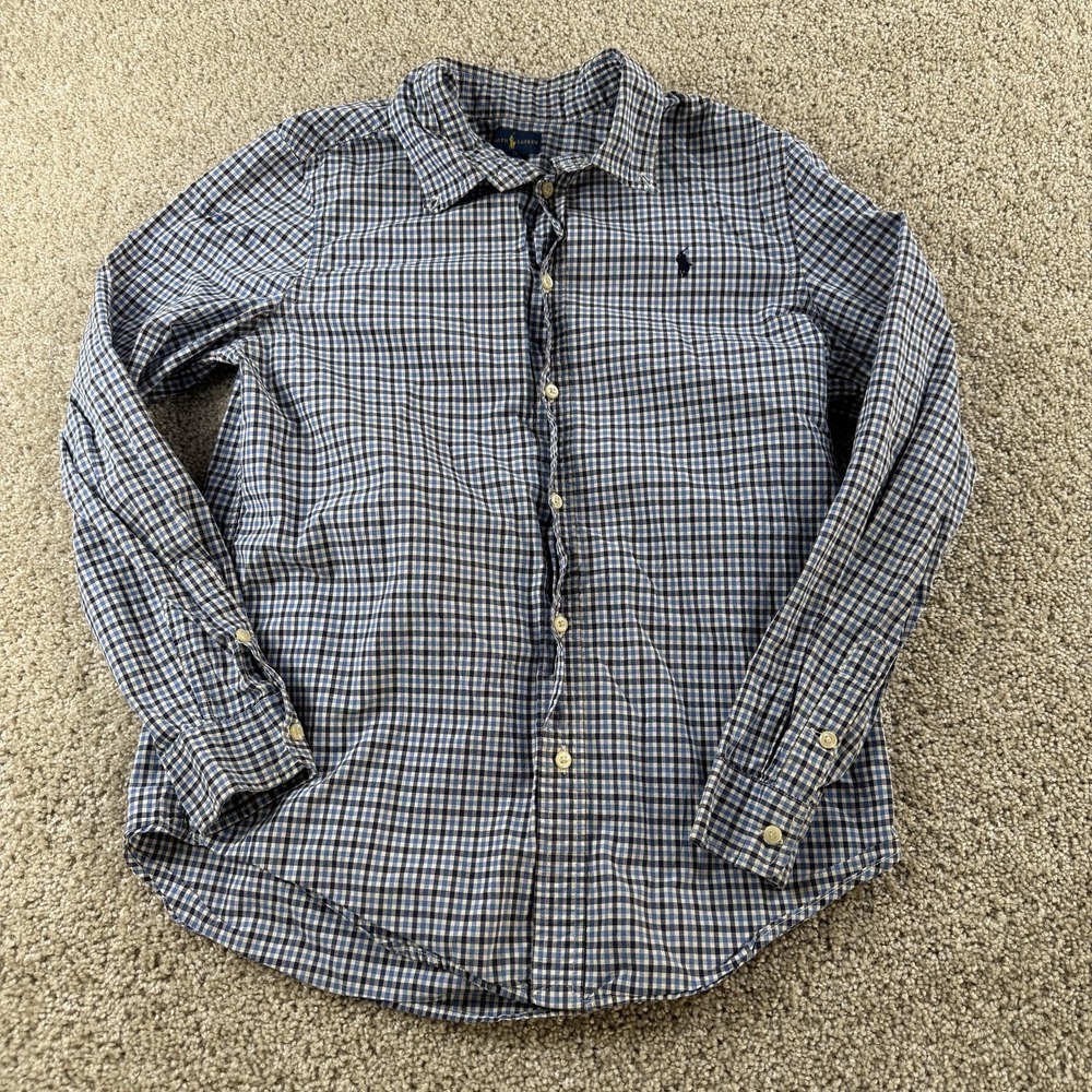 Ralph Lauren Shirt Boys XL 18-20 Blue Gingham Long Sleeve Button Up Classic Fit